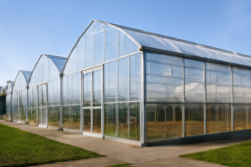 Commercial greenhouse covered with clear agricultural greenhouse film for crop production