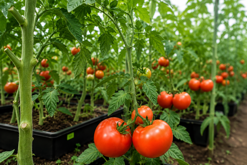 Tomato plants growing inside a greenhouse with protective greenhouse film cover