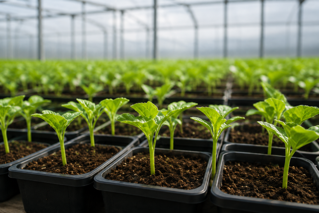 Young seedlings growing in trays inside a greenhouse protected by greenhouse film