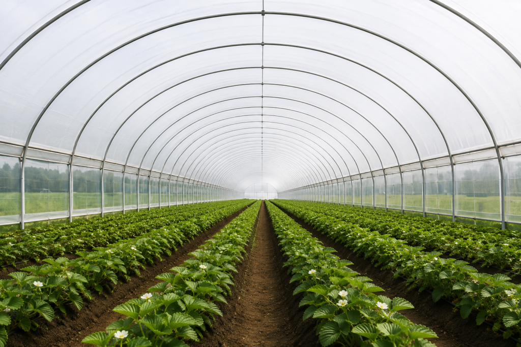 Tunnel greenhouse covered with agricultural plastic film for protected crop growing