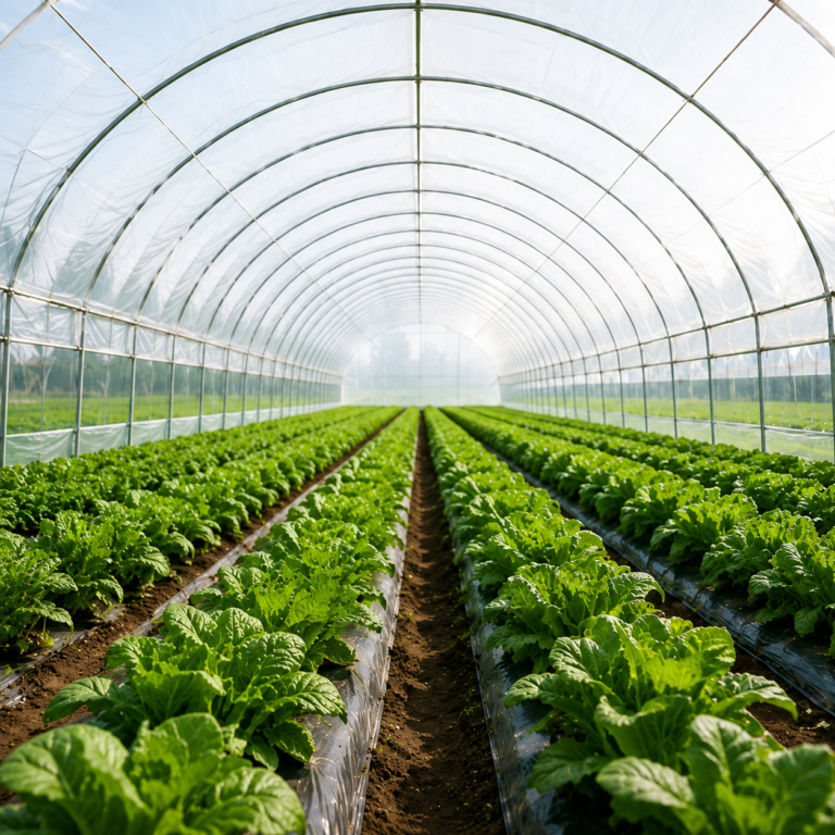 Greenhouse film covering a tunnel greenhouse with leafy vegetables growing in protected crop rows