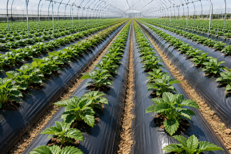 Black mulch film installed on crop beds