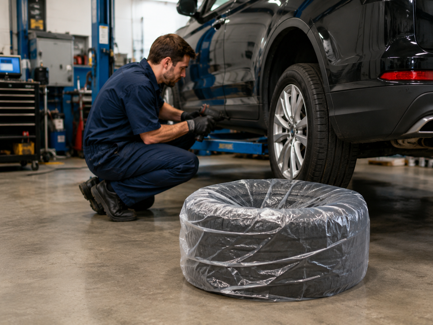 Plastic tire bags for auto service centers