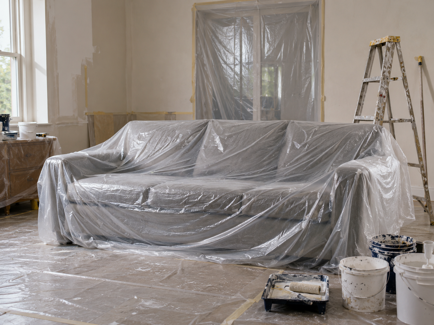 Plastic sofa covers for renovation dust control