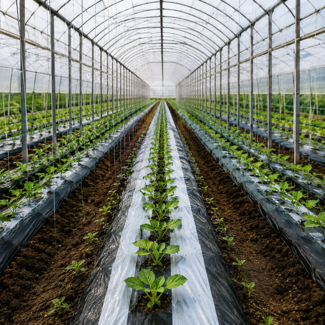 Black white mulch film for greenhouse rows