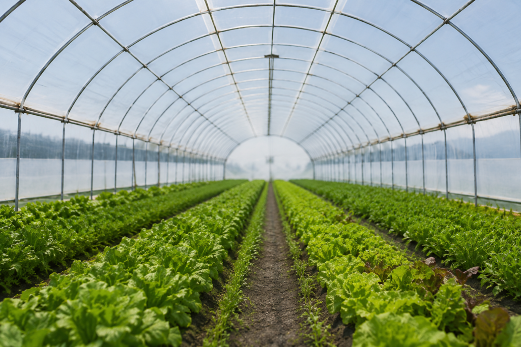 Clear greenhouse film covering a tunnel greenhouse for high light transmission and healthy crop growth