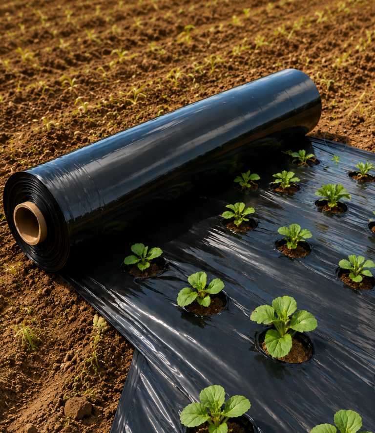 Black mulch film roll applied in crop field with young seedlings growing through planting holes