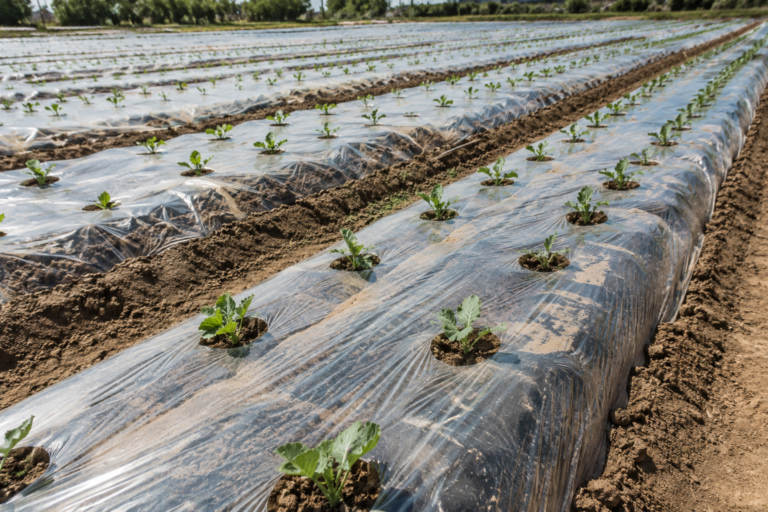 Transparent mulch film over planted rows