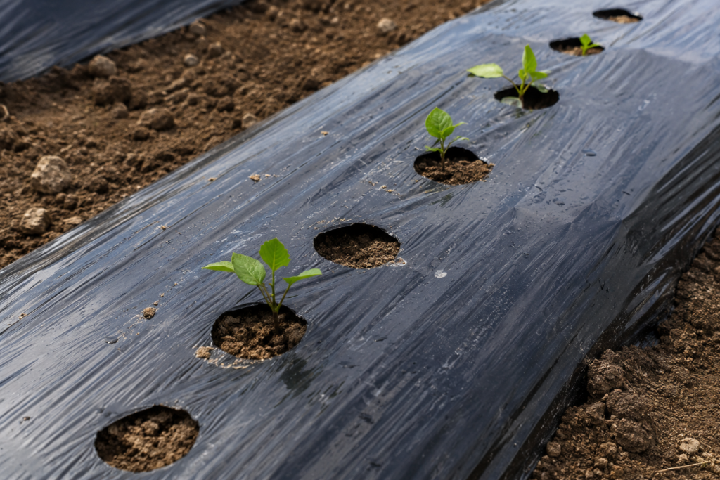 Perforated plastic mulch film with pre-punched planting holes for vegetables, strawberries, melons, and seedlings