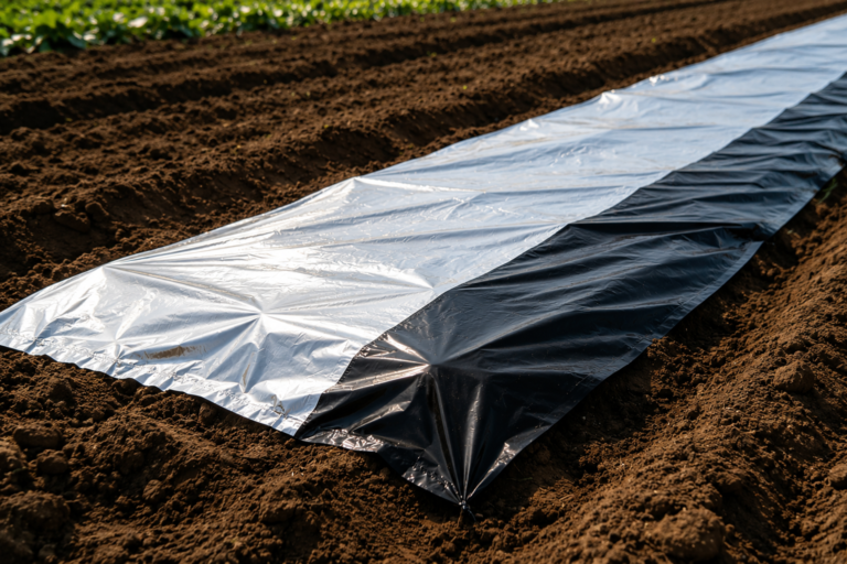 Silver and black plastic mulch film with reflective surface for pest reduction and soil moisture retention