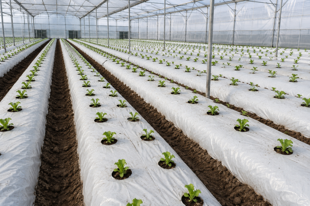 Black and white plastic mulch film used in greenhouse crop rows for weed control and heat reflection