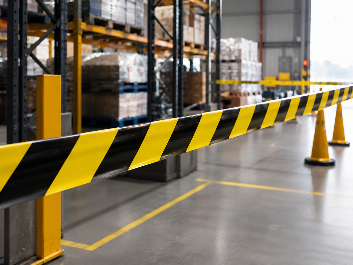Yellow and black warning tape used as a safety barrier in warehouse and industrial work areas