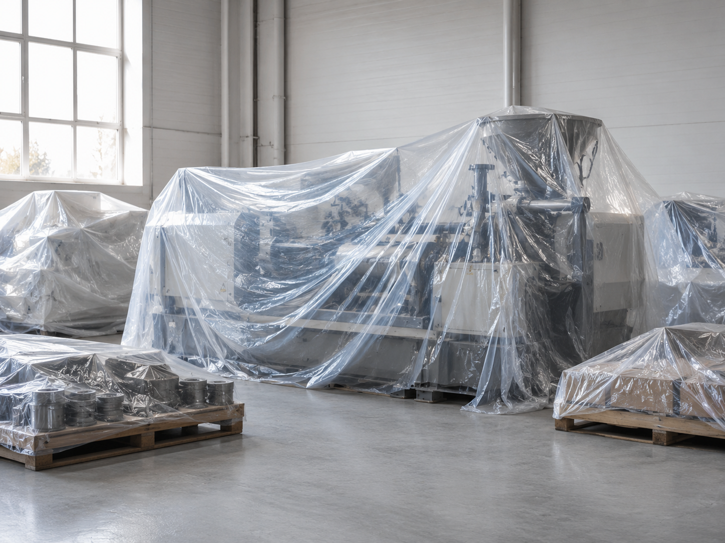 Clear plastic protective cover film used to protect machinery and equipment from dust during storage