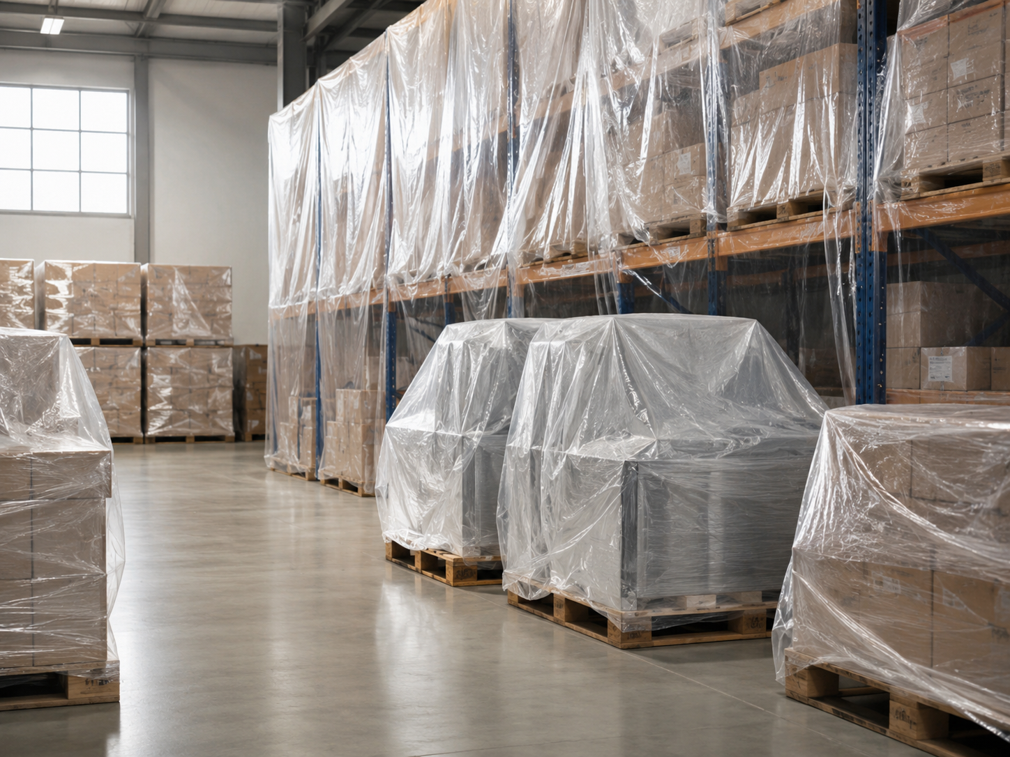 Transparent plastic pallet cover film used in warehouse storage to protect goods from dust and moisture