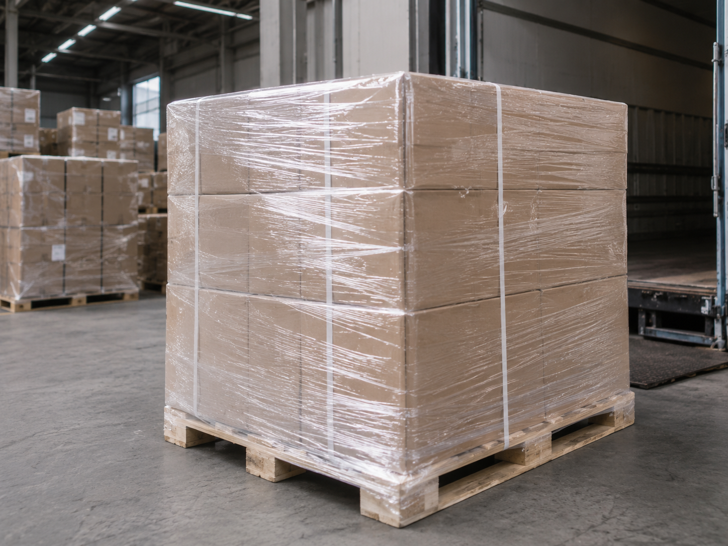 Stretch film wrapped around cartons on a wooden pallet for secure packaging and transportation