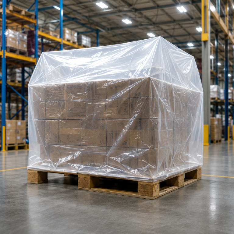 Clear square bottom pallet cover bag protecting stacked carton goods on a wooden pallet in warehouse storage