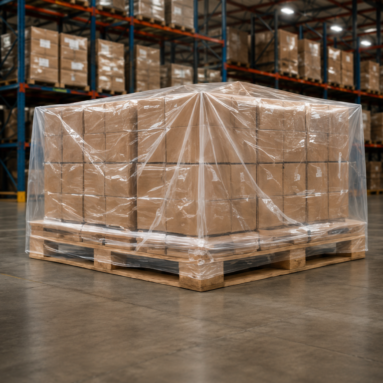 Clear square bottom pallet cover bag protecting stacked carton goods on wooden pallets during warehouse storage and handling