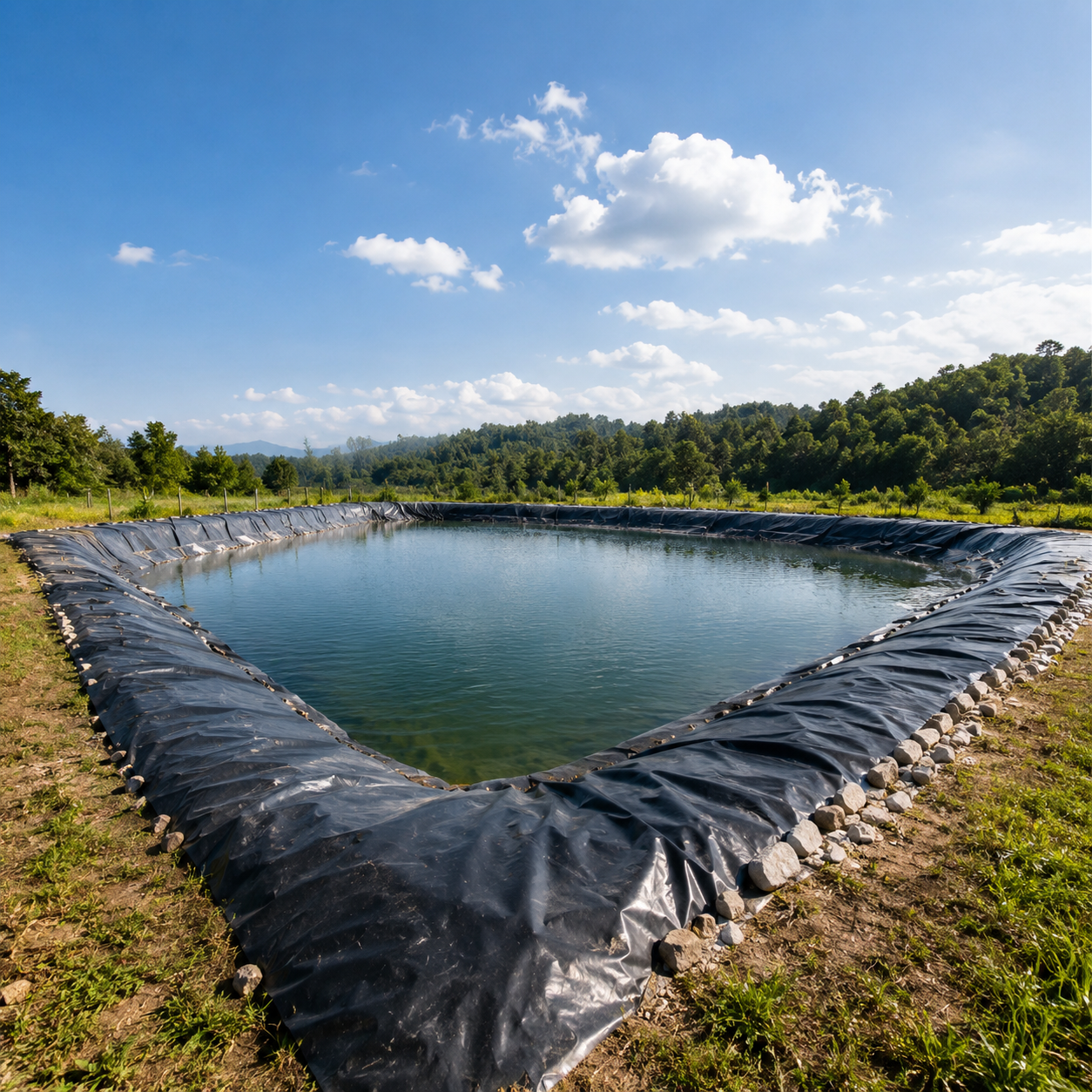 Black pond liner installed in outdoor water storage pond for waterproofing, anti-seepage protection, irrigation, and aquaculture use