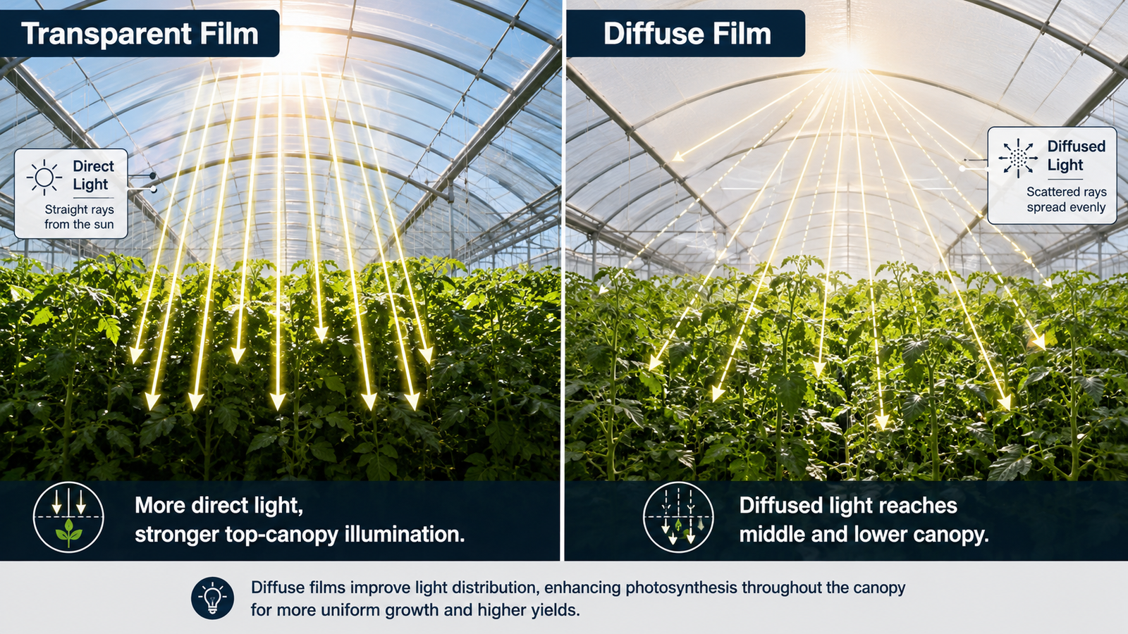 Clear and diffused greenhouse plastic light distribution