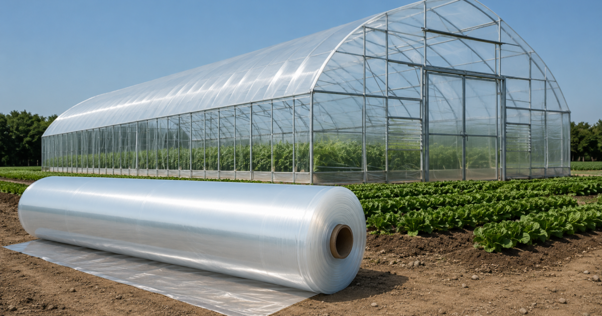 Clear greenhouse plastic roll beside a commercial greenhouse