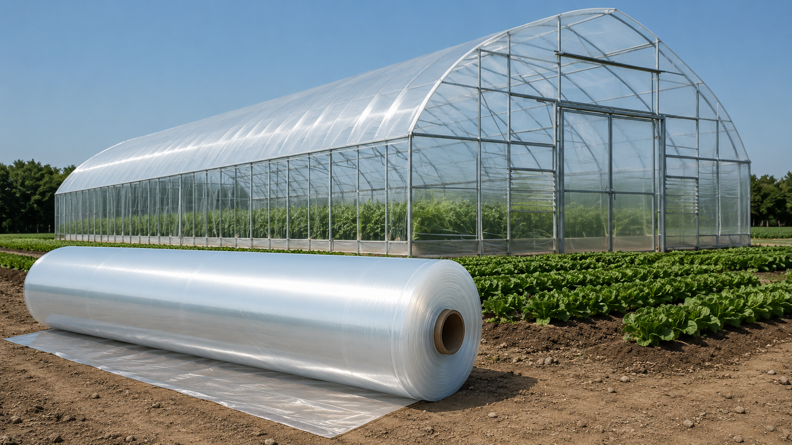 Clear greenhouse plastic roll beside a commercial greenhouse