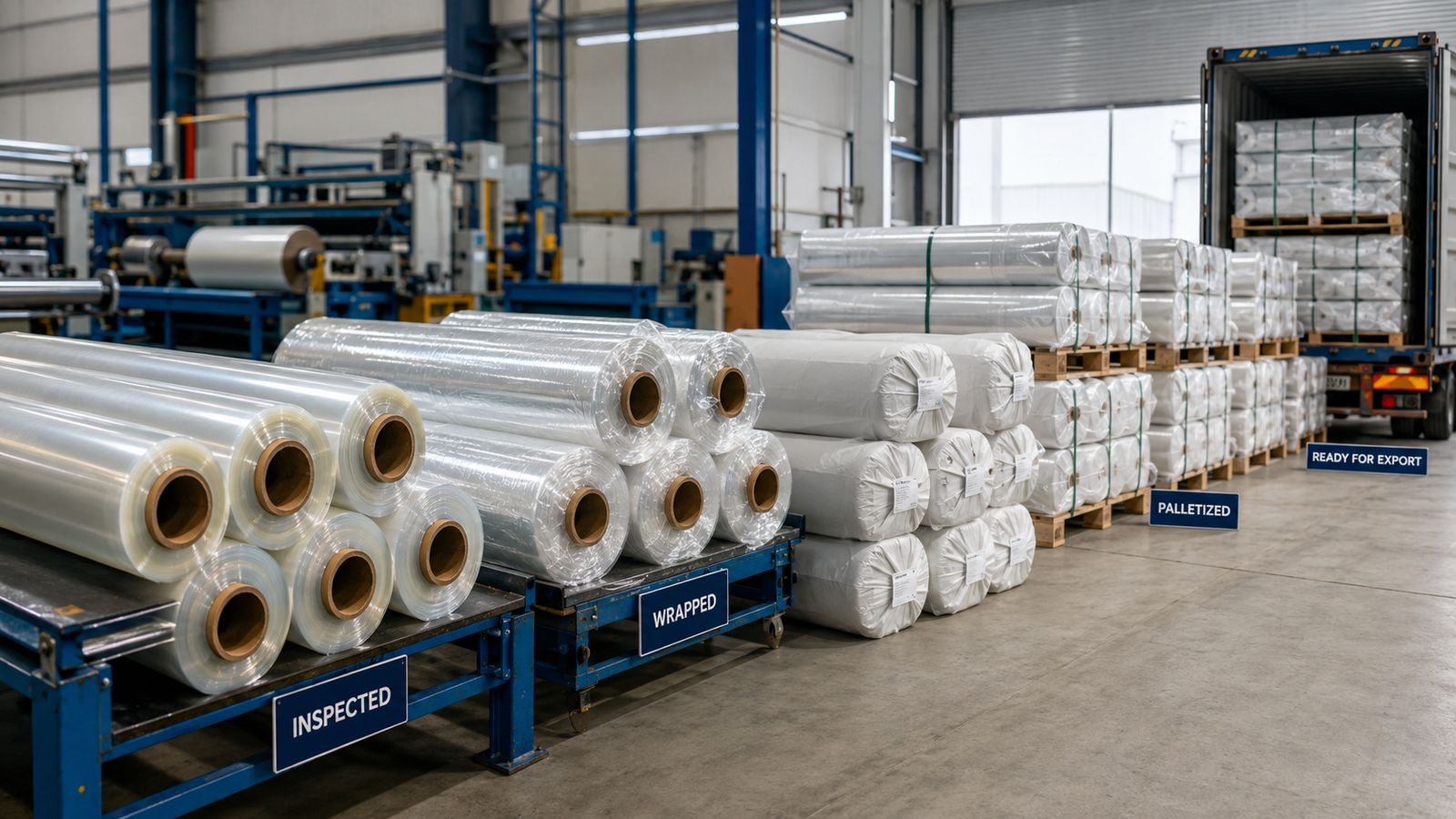 Custom greenhouse film rolls inspected and packed for export