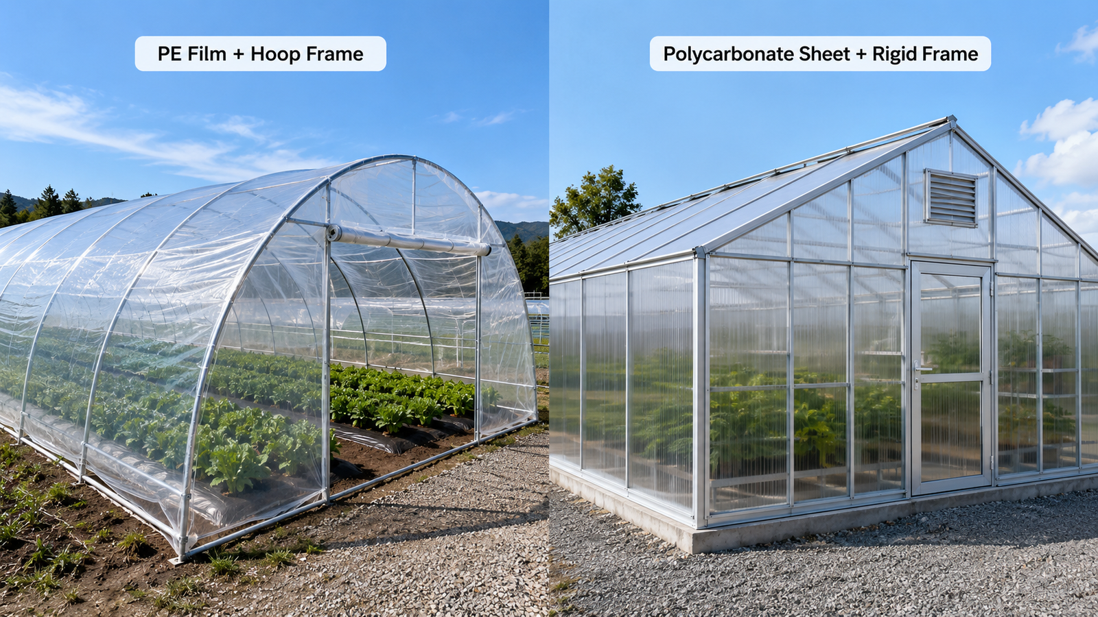 Flexible PE greenhouse film compared with rigid polycarbonate panels