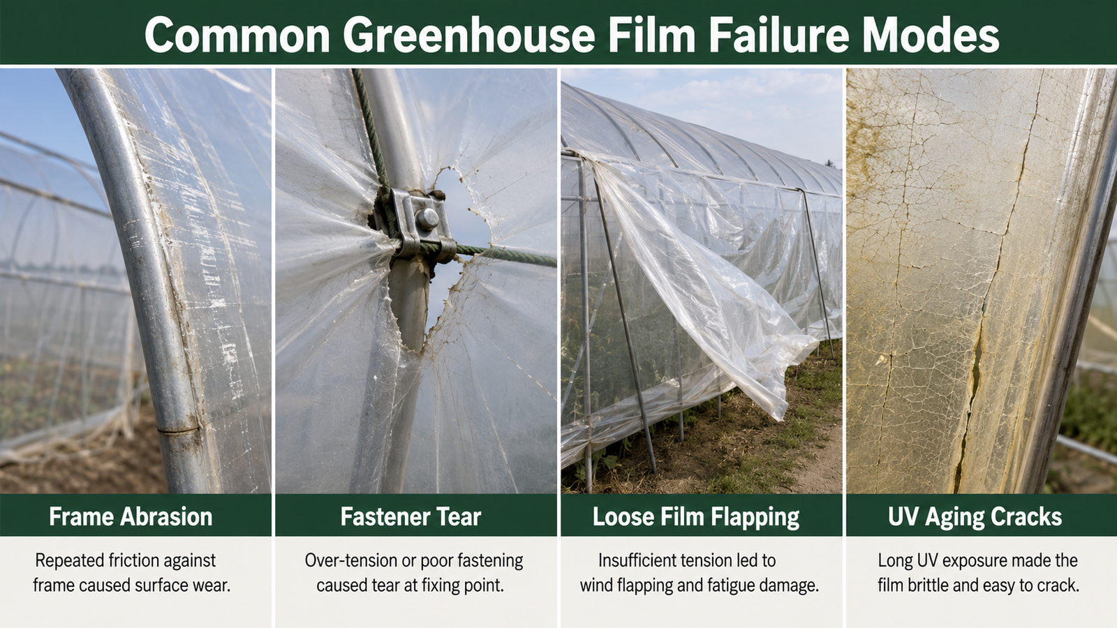 Greenhouse film failure caused by abrasion fastening wind and UV aging