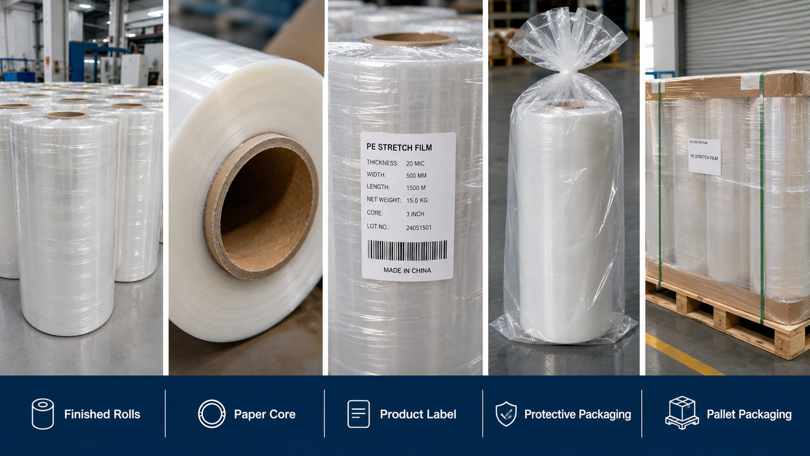 Greenhouse film rolls inspected and packed in a factory