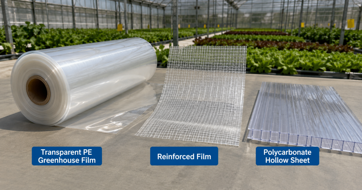 Greenhouse plastic film roll, reinforced plastic and polycarbonate panels compared