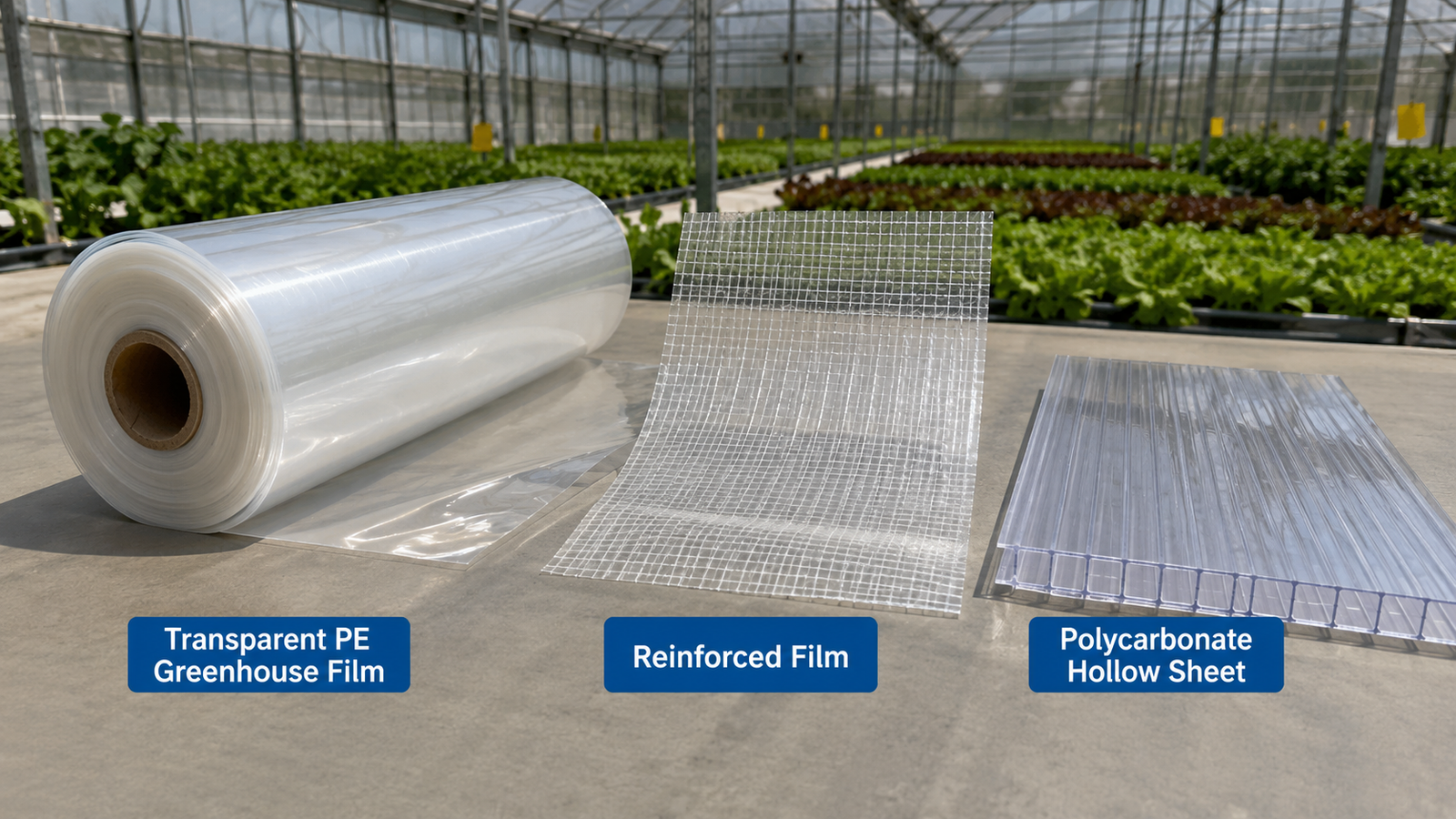 Greenhouse plastic film roll, reinforced plastic and polycarbonate panels compared