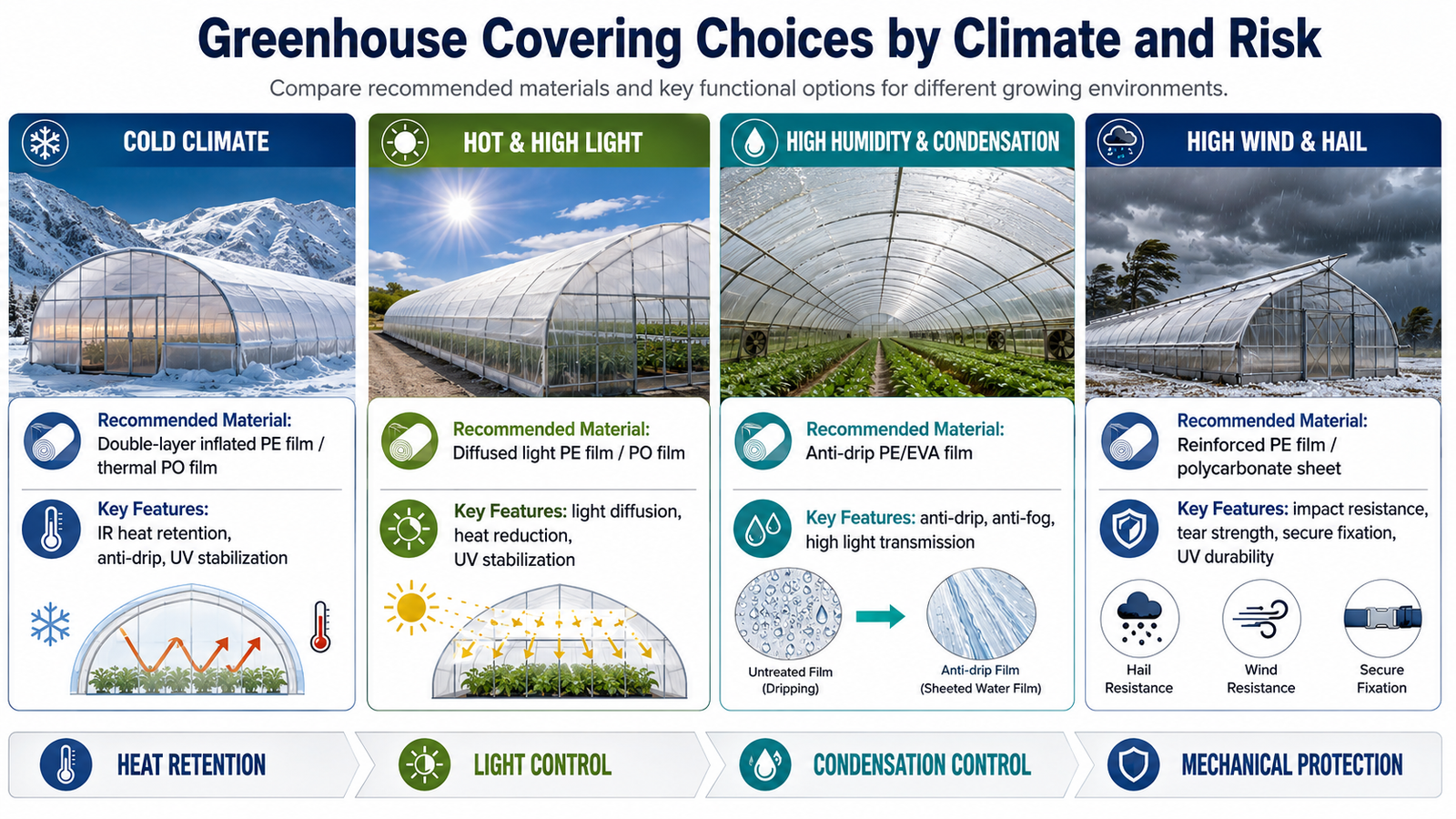 Greenhouse plastic selection for cold, hot, humid and windy climates