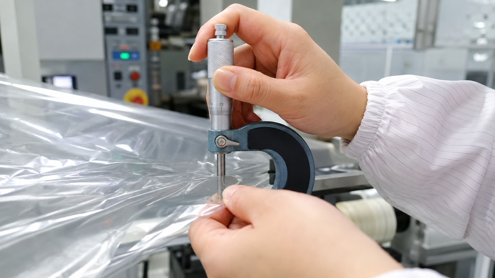 Quality-control gauge measuring greenhouse film thickness