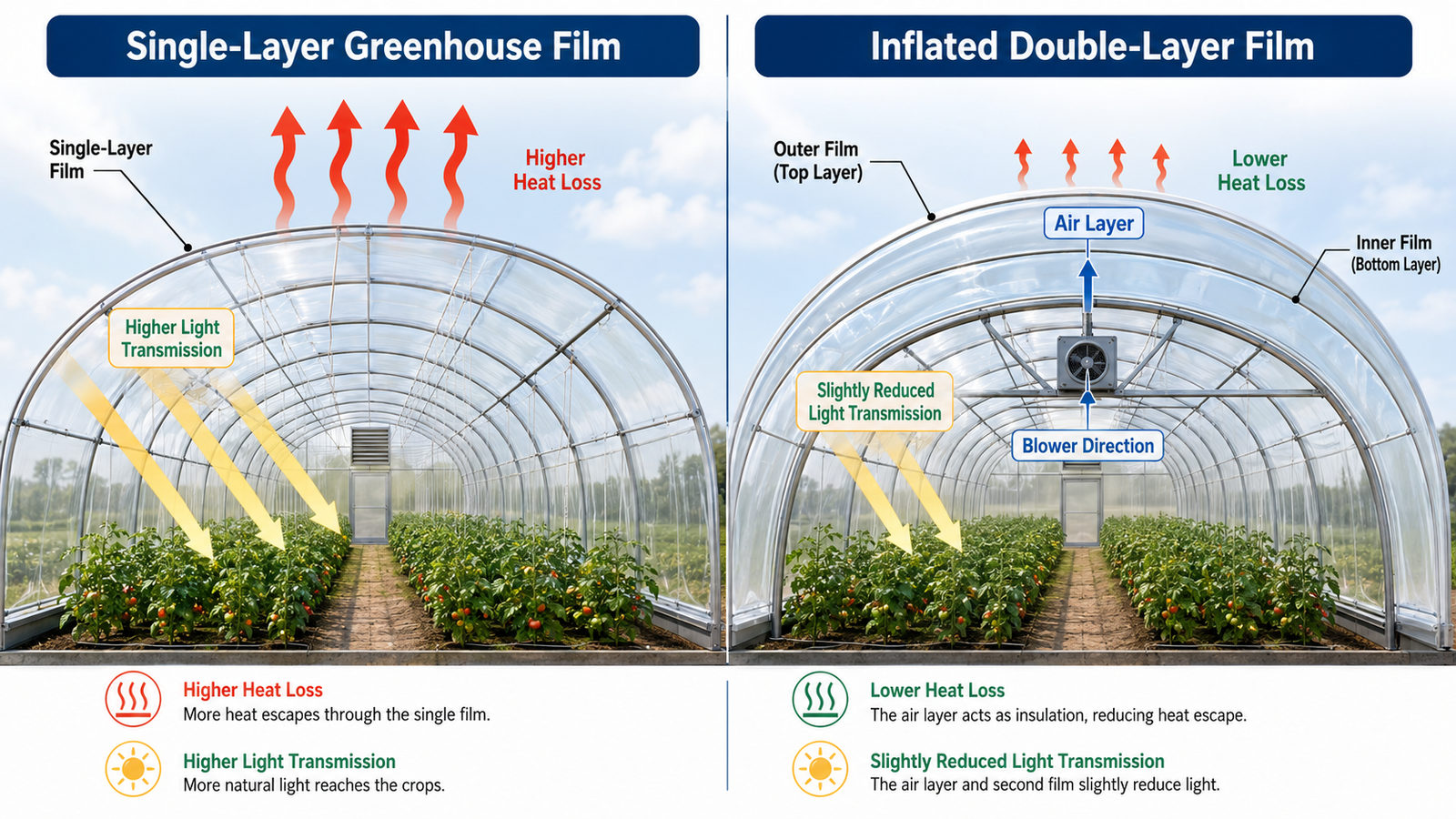 Single-layer and inflated double-layer greenhouse plastic comparison