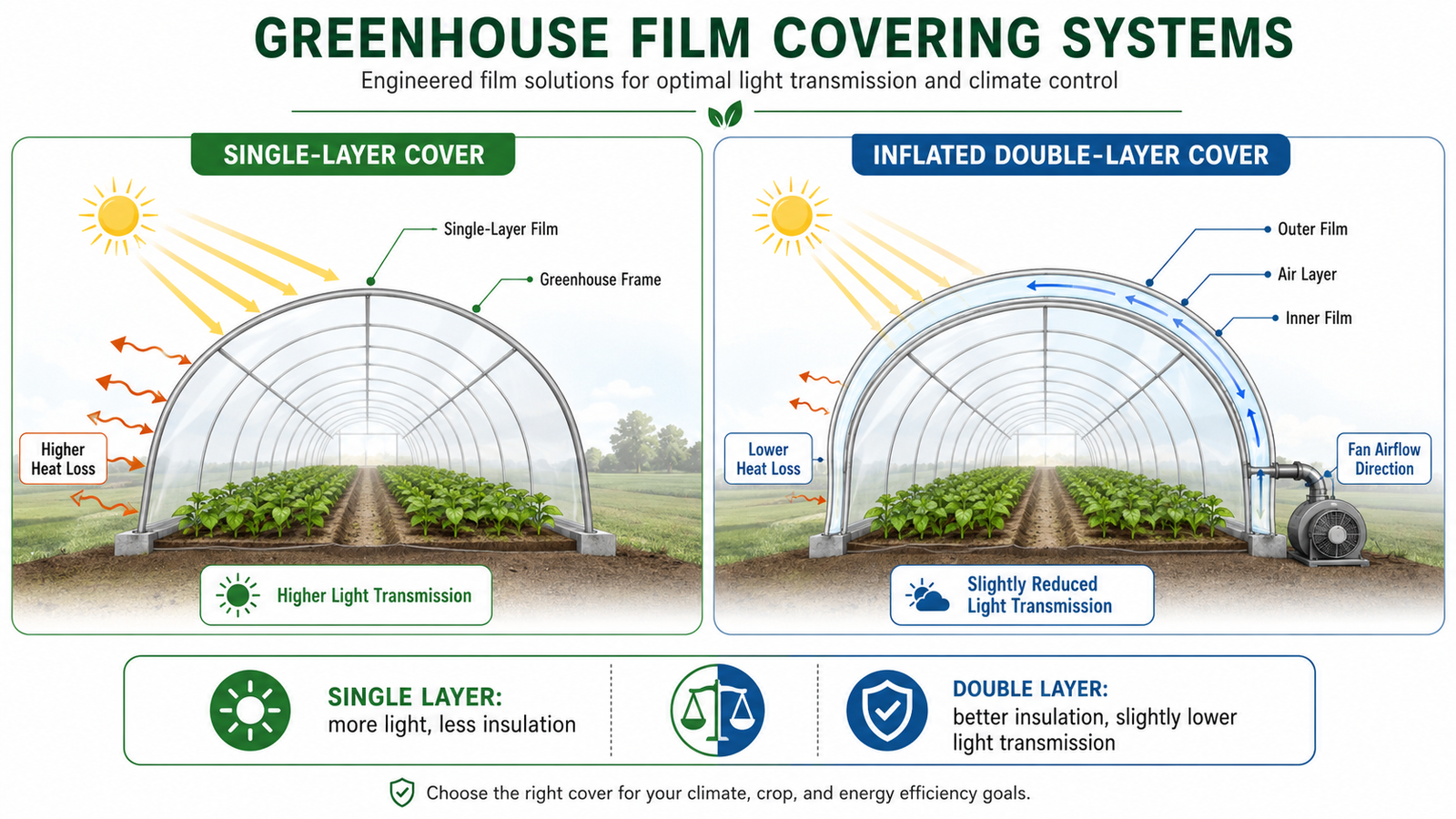 Single versus inflated double-layer greenhouse plastic diagram