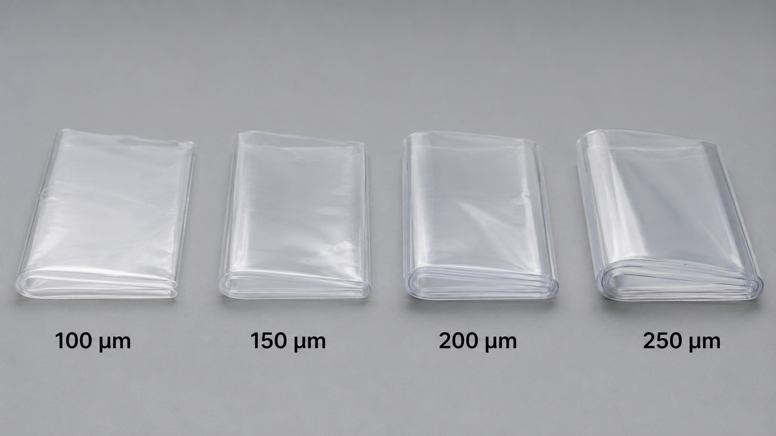 Transparent greenhouse film samples arranged by thickness