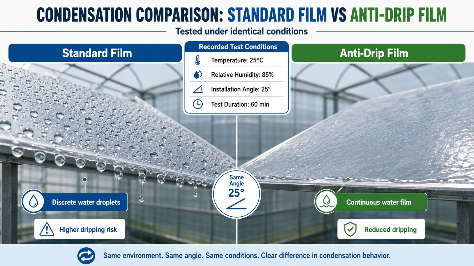 Untreated and anti-drip greenhouse film condensation comparison