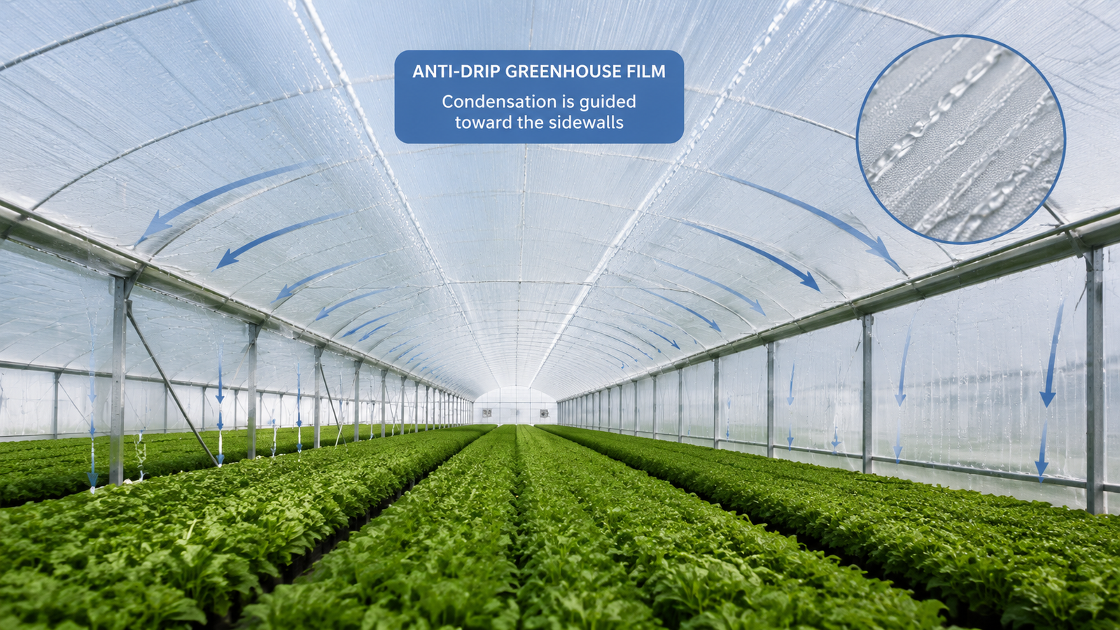 Anti-drip greenhouse film covering a commercial greenhouse where condensation is guided toward the sidewalls