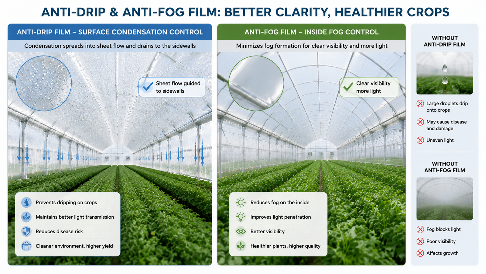 Comparison of anti-drip film surface condensation control and anti-fog control inside a greenhouse