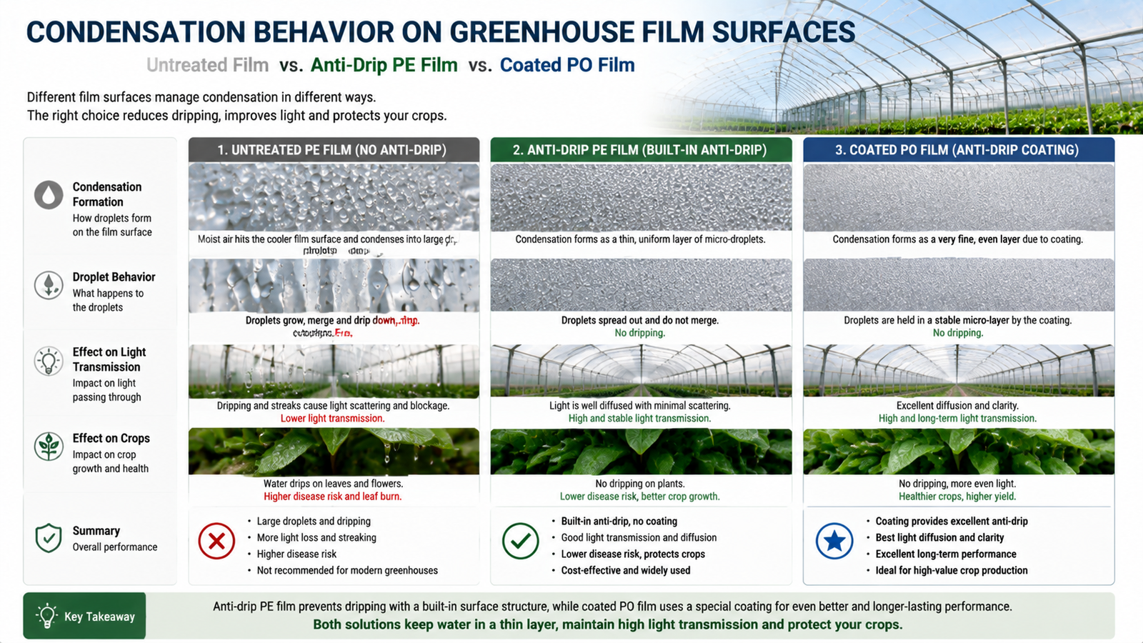 Condensation behavior on untreated, anti-drip PE and coated PO greenhouse film surfaces