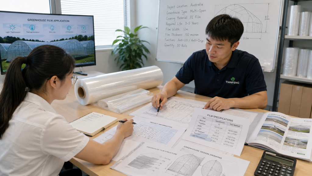 Buyer project information and supplier film specifications reviewed before greenhouse plastic production