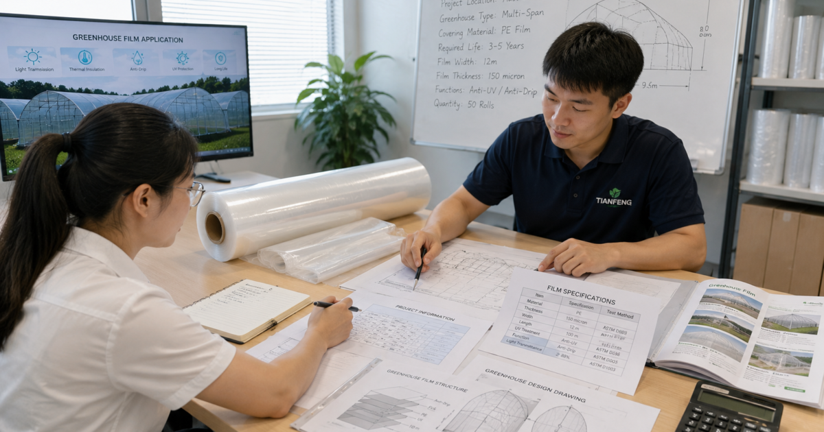 Buyer project information and supplier film specifications reviewed before greenhouse plastic production