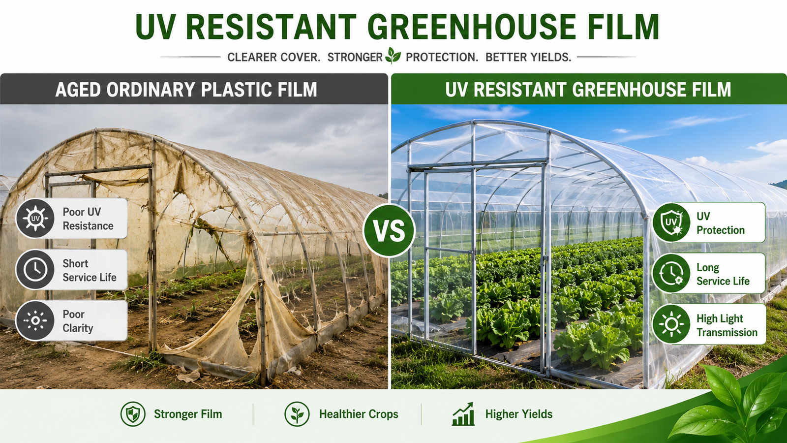 UV resistant greenhouse film compared with aged ordinary plastic film