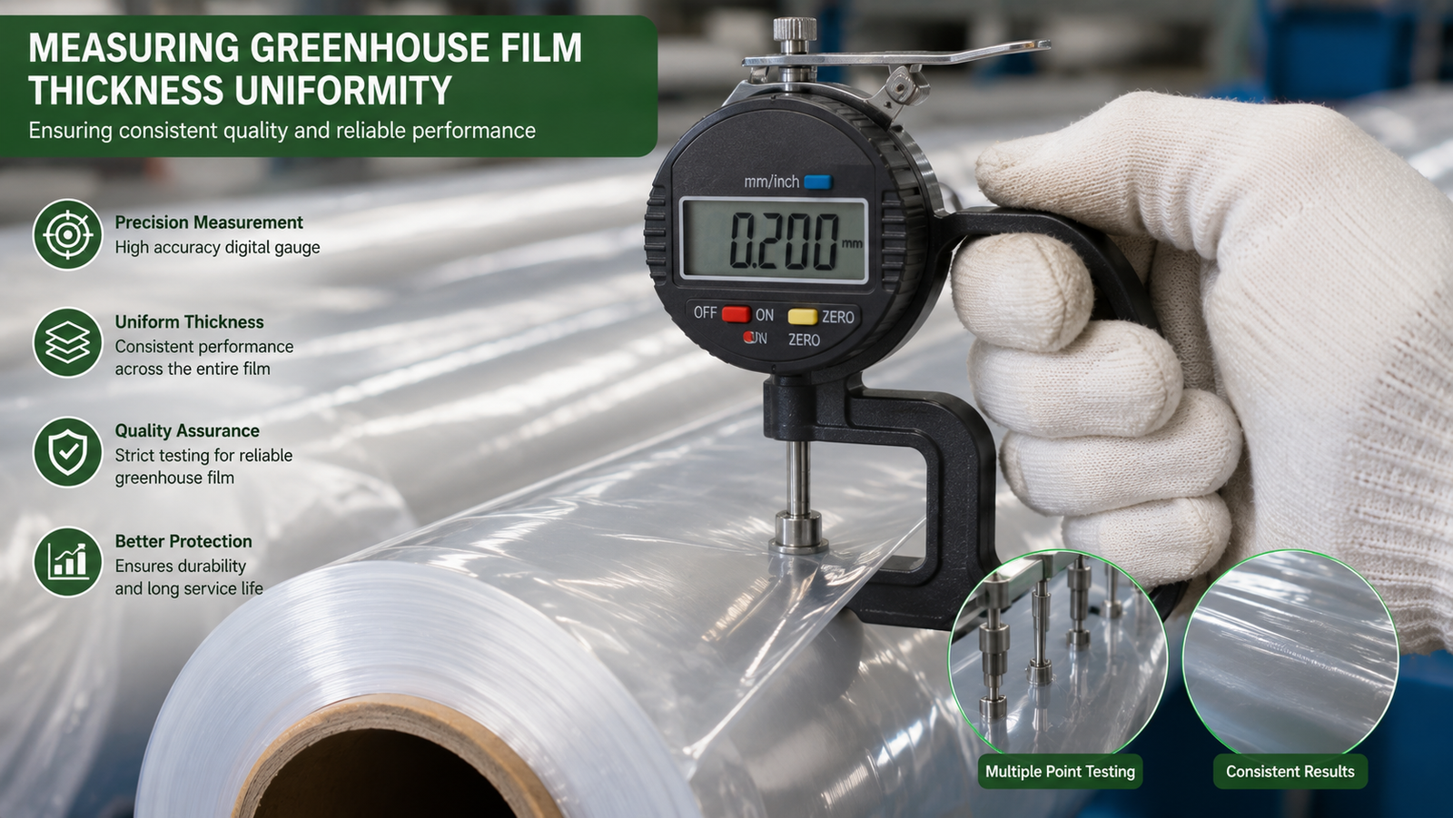 Measuring greenhouse film thickness uniformity with a precision gauge