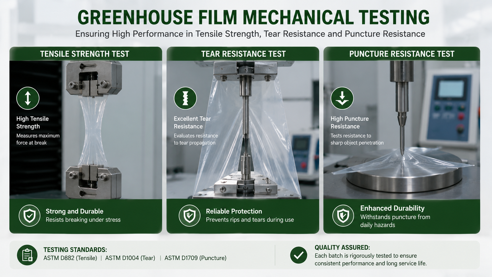 Greenhouse film mechanical testing for tensile strength tear resistance and puncture resistance