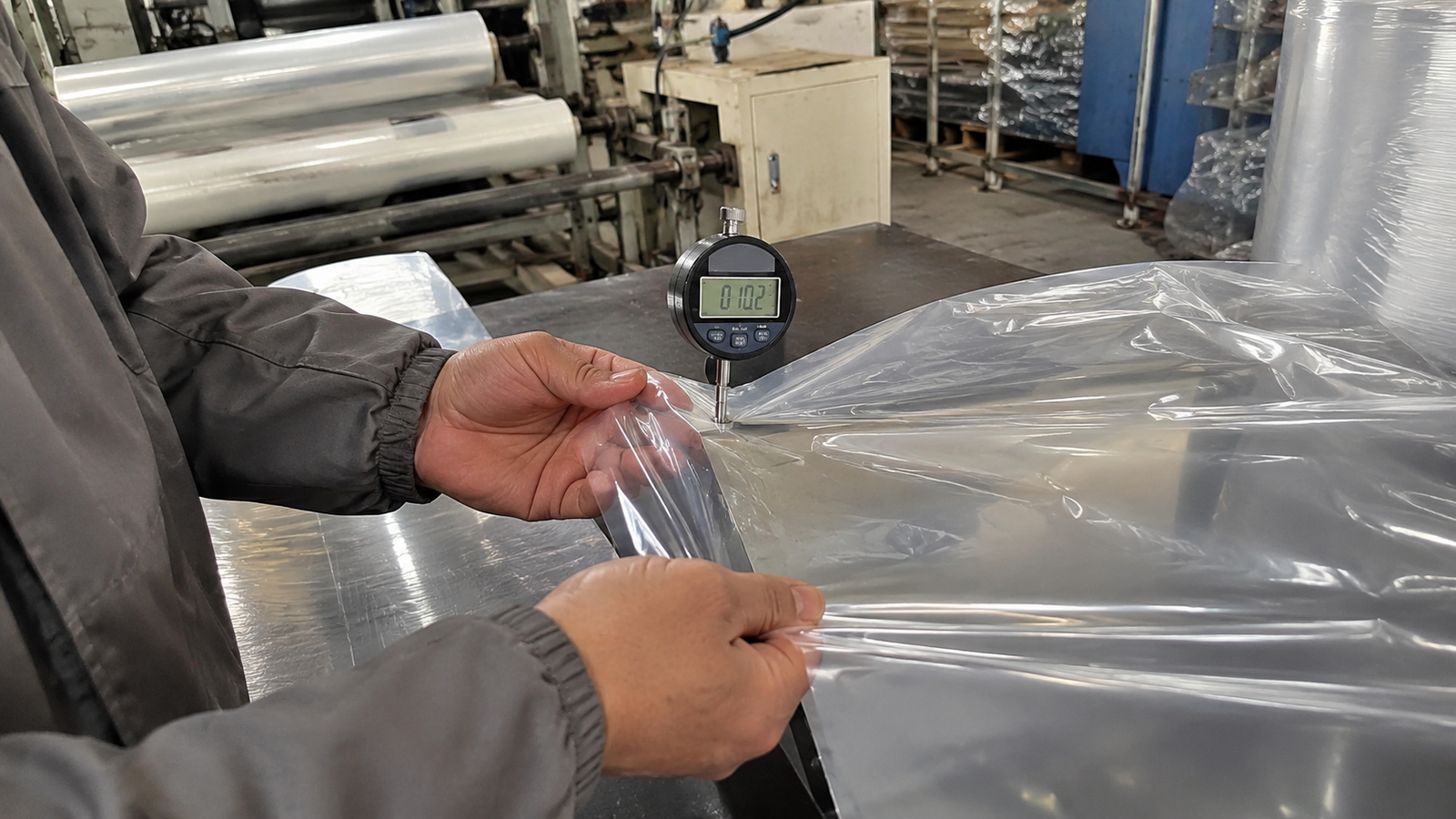 Thickness checking for custom plastic film manufacturing