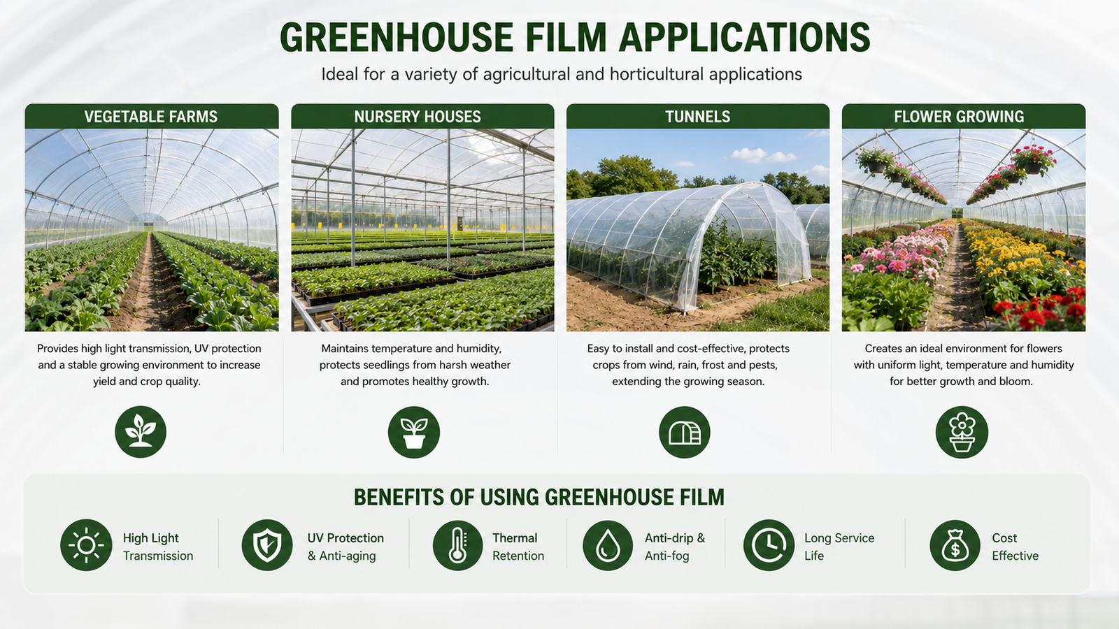 Greenhouse film applications for vegetable farms nursery houses tunnels and flower growing