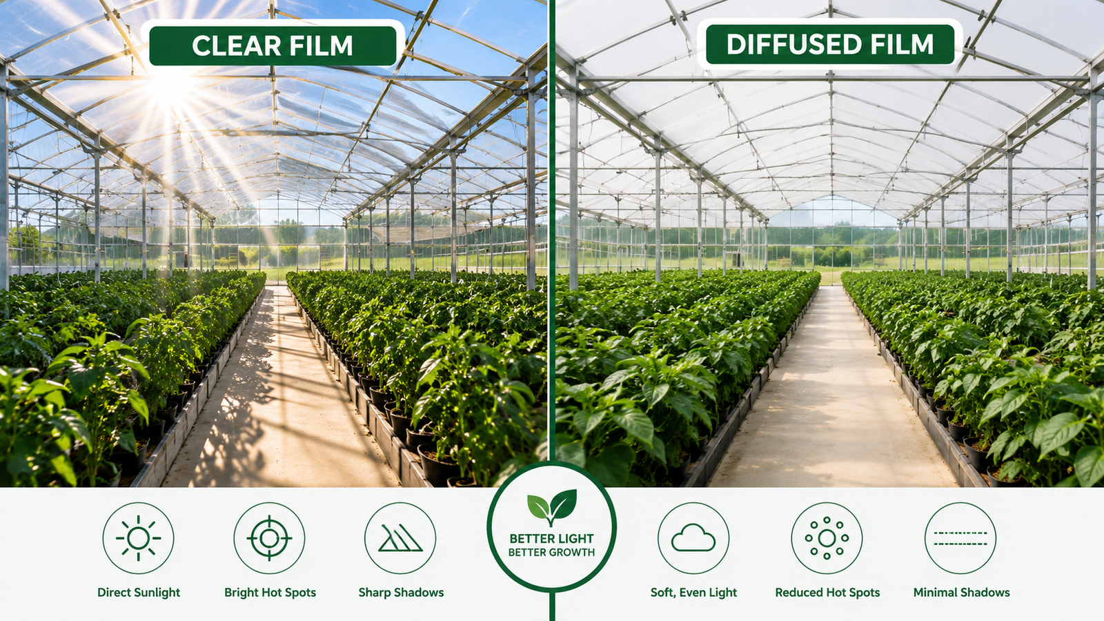 Clear and diffused greenhouse film showing different light distribution inside a greenhouse