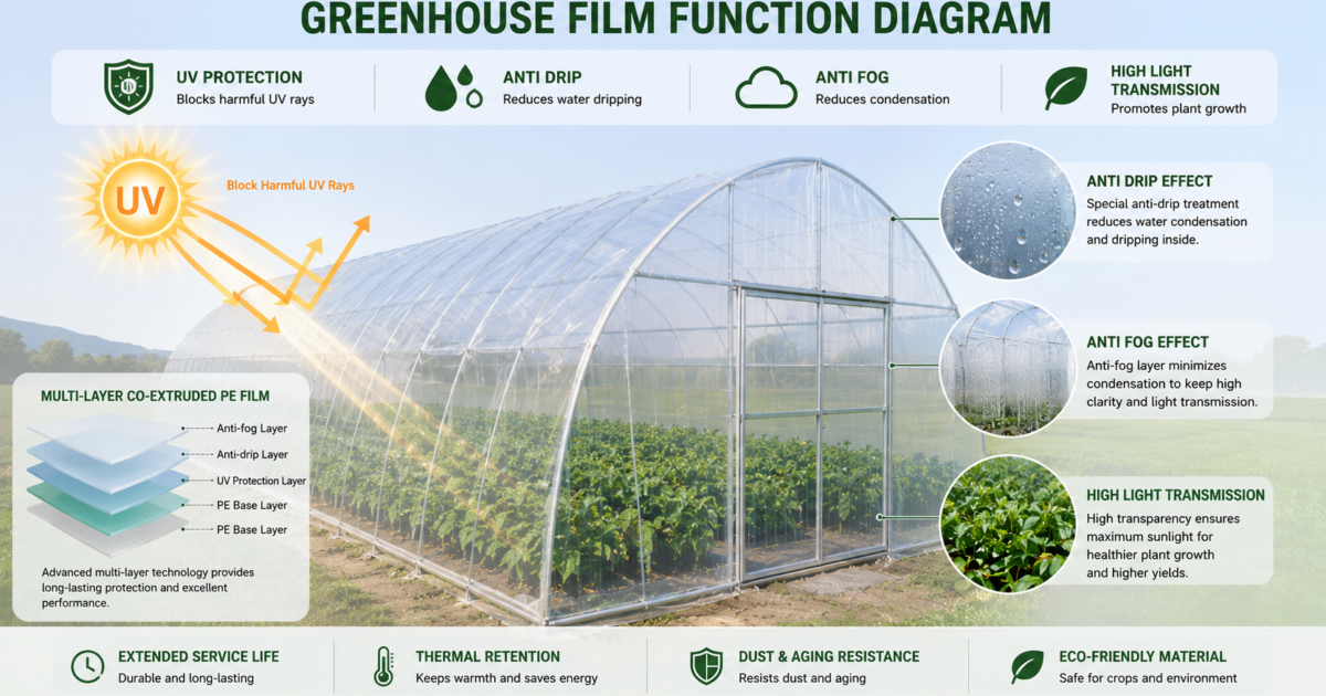 Greenhouse film function diagram showing UV protection anti drip and anti fog effects