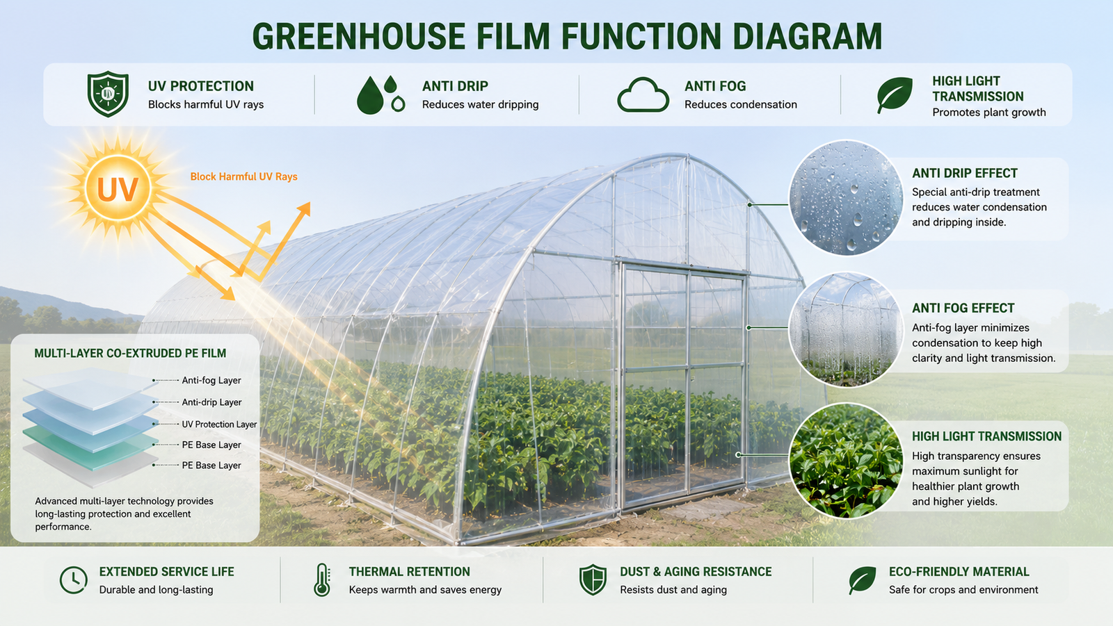 Greenhouse film function diagram showing UV protection anti drip and anti fog effects